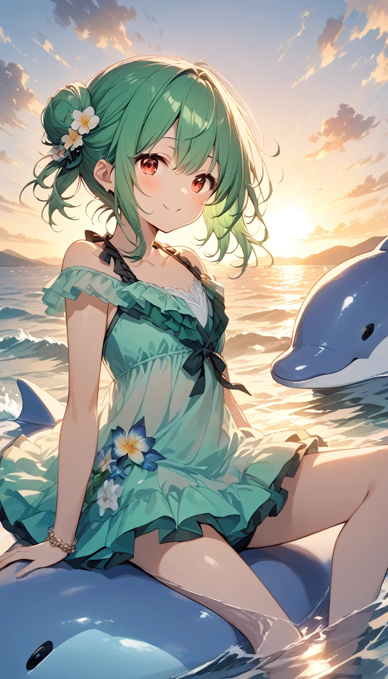 (((Young Girl)))、(( 1 girl)),( Red Eyes),（Short stature）,(( emerald green hair ))、( bun hair)、Young appearance、(( swimsuit))、In the water、One side of the sea、(((Girl ride on the dolphin)))、Vector art、spirit of the wind、Backlight、Bright in backlight、Sun behind、Summer sky、cumulonimbus、Narrowed eyes and a happy look、cheek、The waves splash and the water shines beautifully.