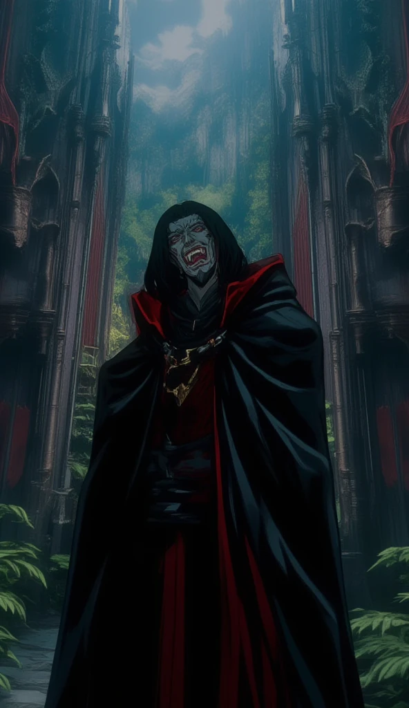 a highly detailed and photorealistic comic-style illustration of dracula, the famous and dangerous vampire count vlad in his castle in the romanian mountains, dramatic lighting, dark gothic atmosphere, moody colors, intricate architectural details, winding staircases, large ornate windows, detailed vampire face with vamire teeth, detailed textures, dynamic dramatic pose, piercing eyes, sharp fangs, billowing cape, old world elegance, (best quality,4k,8k,highres,masterpiece:1.2),ultra-detailed,(realistic,photorealistic,photo-realistic:1.37), comics retro anime, dnddarkestfantasy