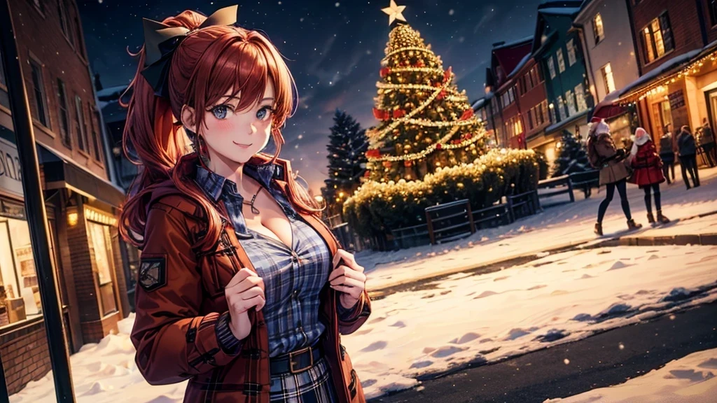 1girl, solo, full body, christmas, ((christmas tree)), street, night, lights, snow, long hair, red hair, curly hair, large breasts, cleavage, ((opened brown zipper jacket)), dark blue eyes, blue dress, laugh, looking at the viewer, standing, hair ribbon