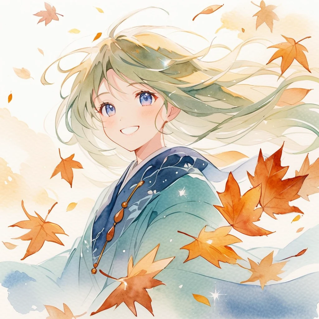 dead leaves, sparkling, smiling girl, white background, spirit of the wind,
traditional watercolor painting, anime style illustration, in the fog,