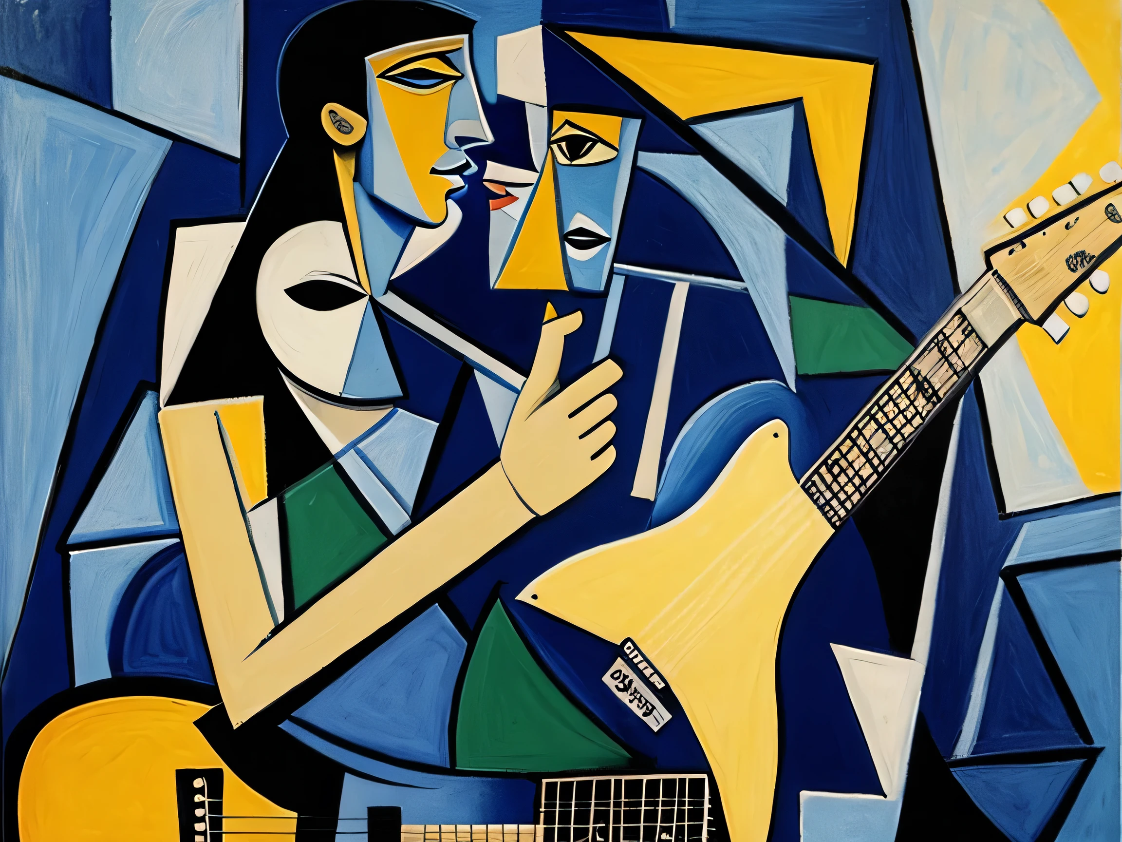 guitar Man, cubism paint, water, back, picasso, turtle midnight blue , moden art, 