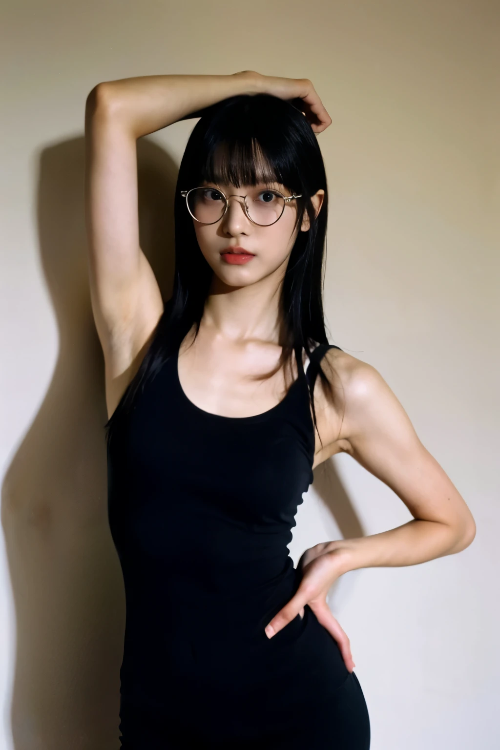 cute face, STANDING, (highres,masterpiece:1.2),ultra-detailed,realistic,professional, Beautiful body、Abdominal muscles,beautiful detailed eyes,beautiful detailed lips,dark hair,LONG black hair WITH BANG,red glasses,stunning black eyes,clear skin,18-year-old girl,fashionable LONG HAIR style WITH BANG,vibrant red glasses,Shinobi Academy,fierce determination,confident posture,crimson outfit, background filled with ninjutsu techniques,shadows cleverly accentuating her features,subtle studio lighting,sublime realism,striking color tones, arm up, dynamic pose, medium breasts,