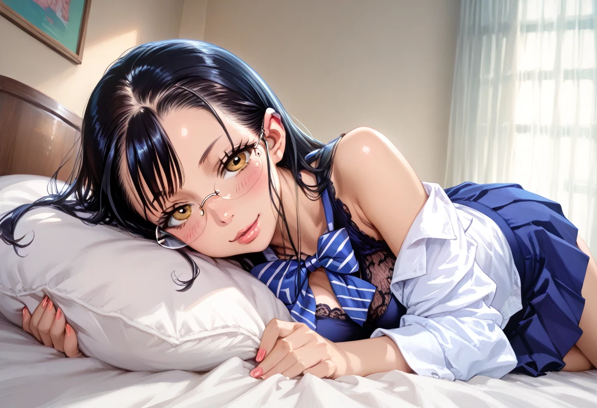 anime girl with glasses and a tie laying on a bed, seductive anime girl, anime moe artstyle, ecchi anime style, hinata hyuga, rumiko, hyperrealistic schoolgirl, beautiful alluring anime teen, !!wearing glasses!!, nico robin, full res, realistic schoolgirl, a hyperrealistic schoolgirl, nagatoro
