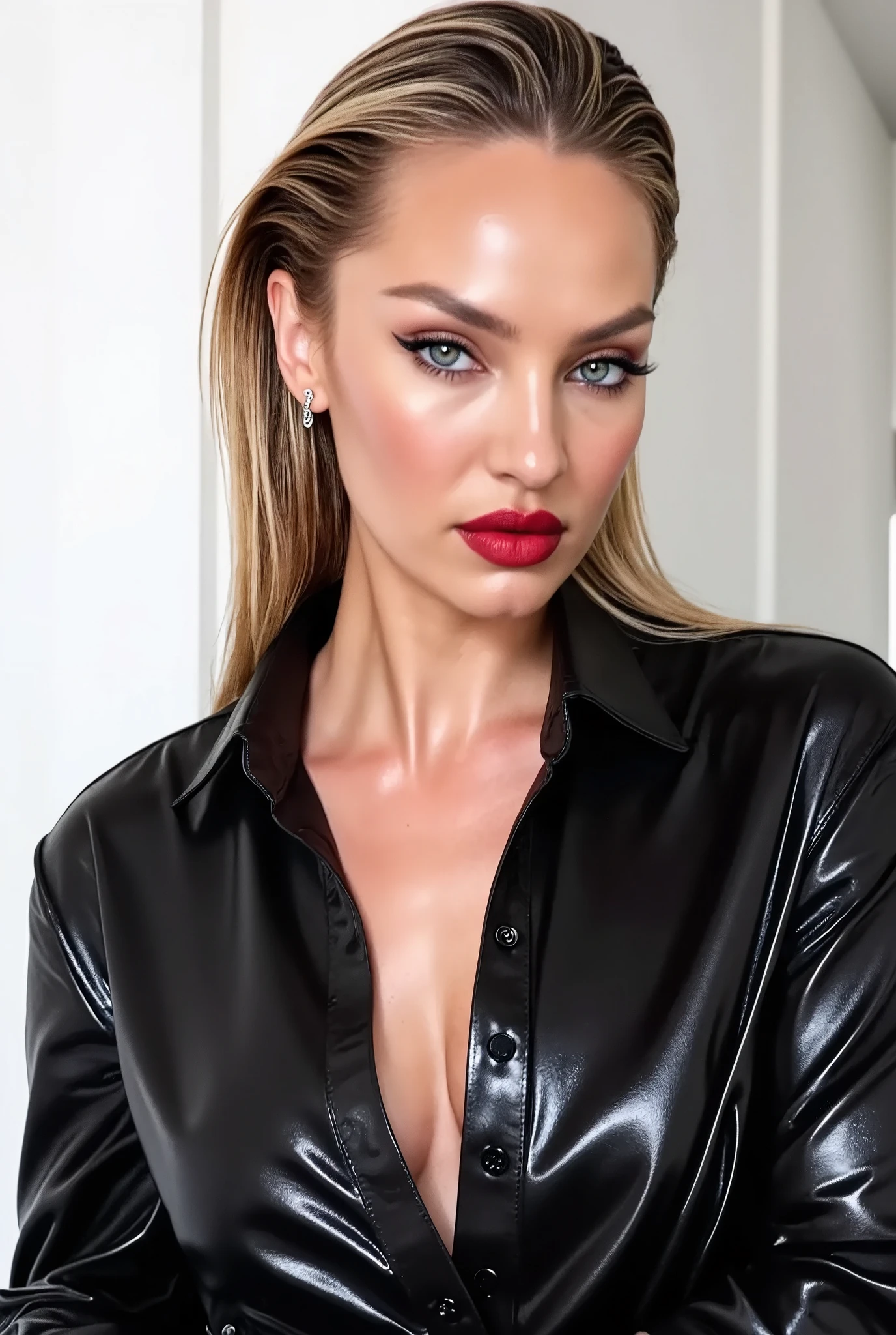 Candice Swanepoel,latex blouse,spits on blouse,detailed eyes and face,ultra-detailed blonde hair,attractive appearance,confident gaze,longeyelashes,beauty,sexy,modern fashion style,black high heels,fashionable,wet blouse,shiny latex material,bright red lipstick,sharp focus,vivid colors,studio lighting