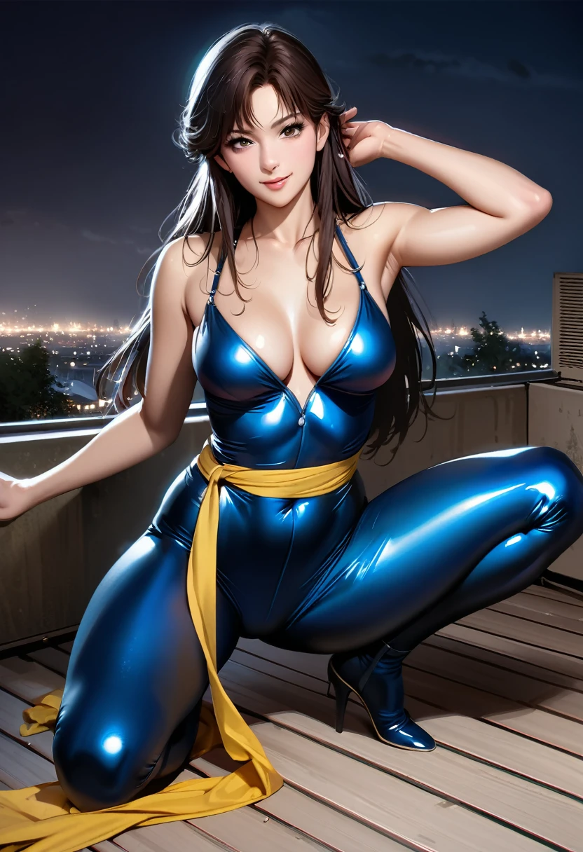 Cat's Eye,Hitomi Kisugi,black long hair,fh1to,Blue_Catsuit_Yellow_Belt,1girl, no sleeve,perfect hands, perfect finger,perfect anatomy, masterpiece, best quality,realistic, hyperrealistic, 16k hdr, medium breasts,cleavage,smile, outdoor,Rooftop,midnight,sexy pose for photo,arm up