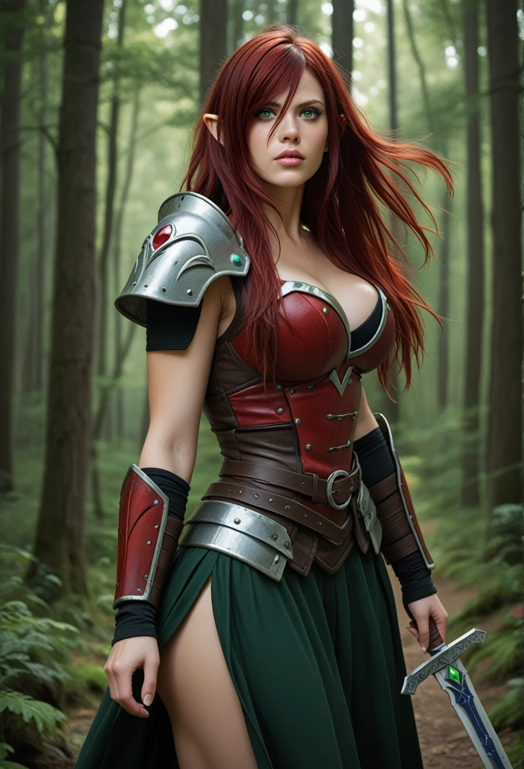 a strong half elven woman with thick chin and nose and lips with long red mane and a straight thick nose, resembling erza scarlett, with small pointy ears through the spiky mane, green eyes, wearing a full plate chest armor and a fitting long skirt of brown colour, walking through a dense forest with her sword sheathed at her back, slightly big breasts and ass