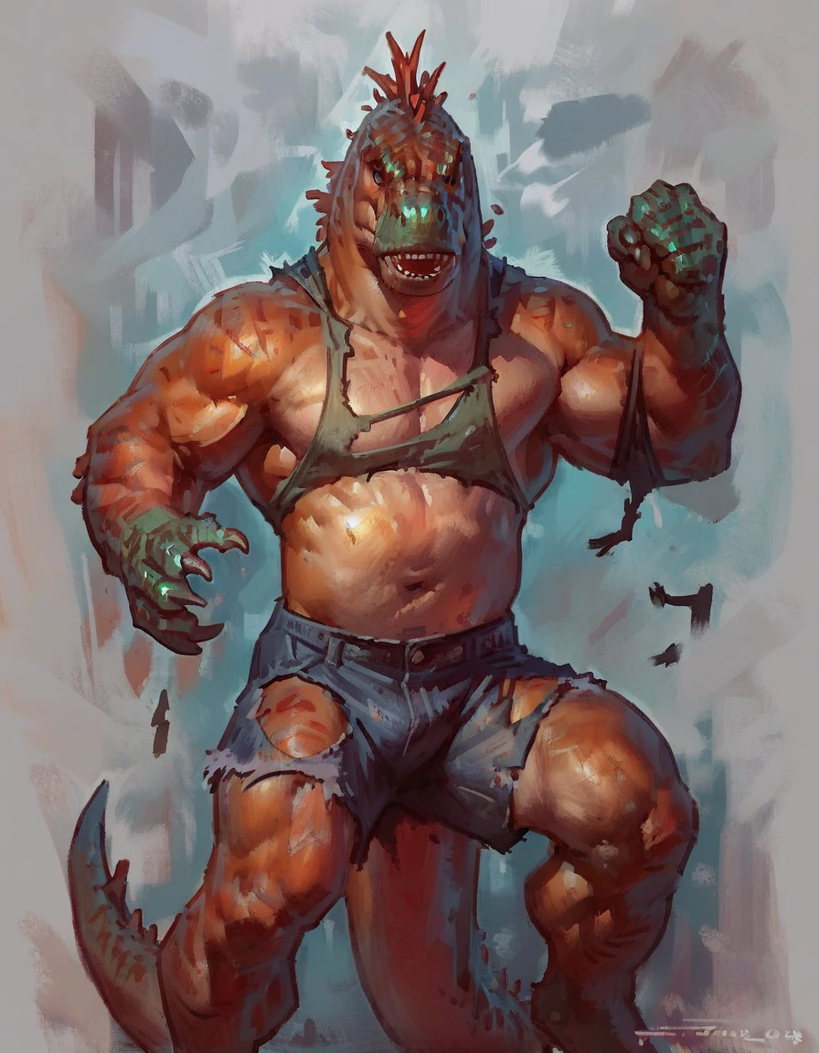 Anthro male dinosaur, by taran fiddler, torn shorts, pecs, angry, badass, detailed, detail