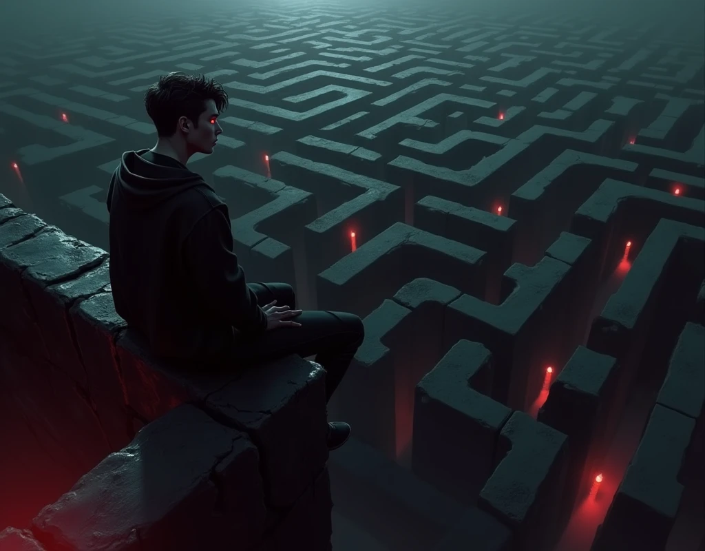 realistic illustration,young adult man, latin ethnicity, short wavy black hair, jacket, black t-shirt, vast scenery, red eyes, gothic, sitting on top of a wall, maze, wall of a maze, scare maze,  atmosphere of fear, terror, infinite maze, dark, scene seen from above, dynamic angle, from side view, red neon lights, dark fantasy