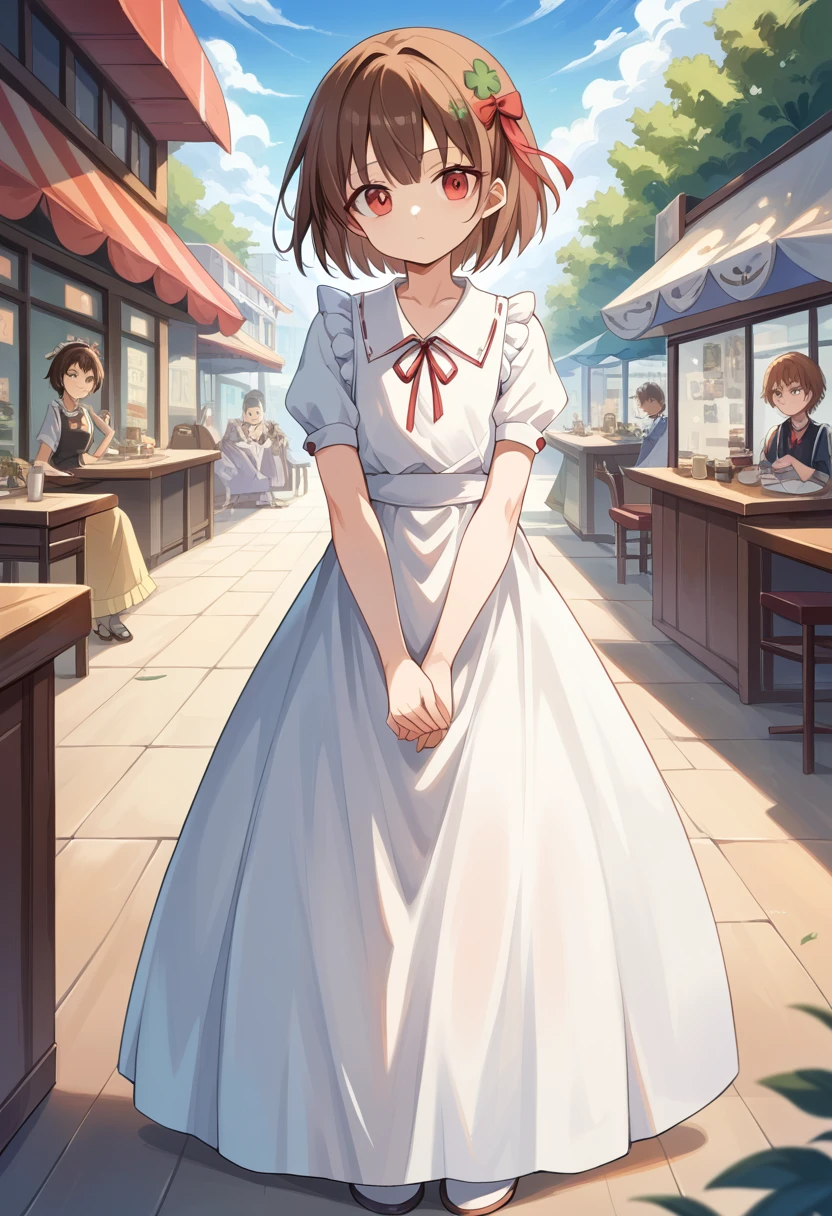 ( surreal), (8k), ( very detailed), (  Best Illustration  ), Cafe。 maid clothes。.Flat chest。。 short hair。Brown Hair。 large red ribbon barrettes。Four-leaf clover on clothes 。adult。In front of Kanekusai 。 LONG SKIRT 