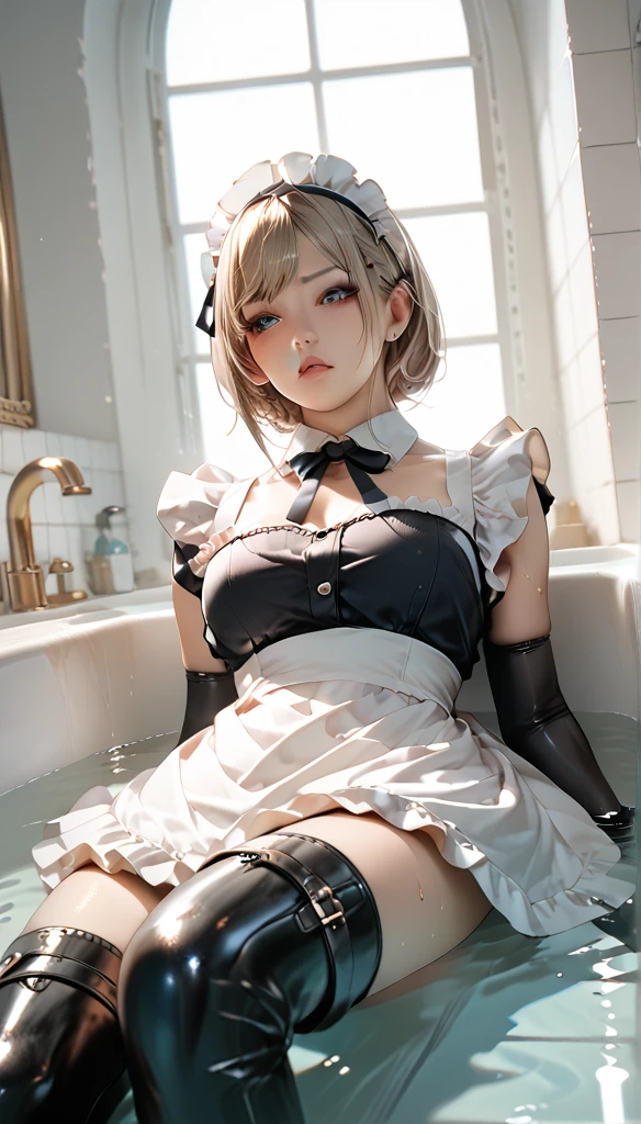 Anime Women,  maid clothes, Thigh boots drowning in the bath, elbow gloves, Alone, straddling on face, Push your head under the bath water, From below, looking down, Point of View Shot