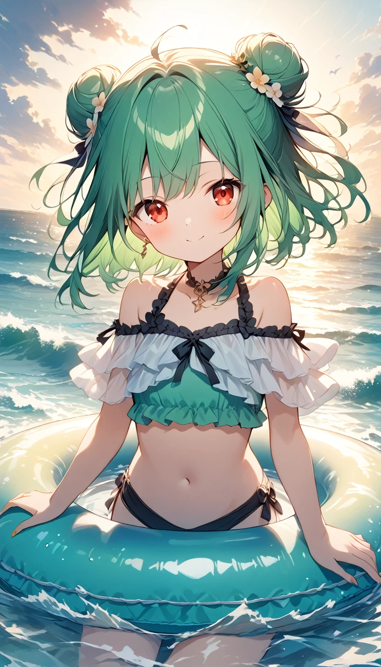 (((Young Girl)))、(( 1 girl)),( Red Eyes),（Short stature）,(( emerald green hair ))、( bun hair)、Young appearance、(( swimsuit))、In the water、One side of the sea、(((Girl ride on the innertube)))、Vector art、spirit of the wind、Backlight、Bright in backlight、Sun behind、Summer sky、cumulonimbus、Narrowed eyes and a happy look、cheek、The waves splash and the water shines beautifully.