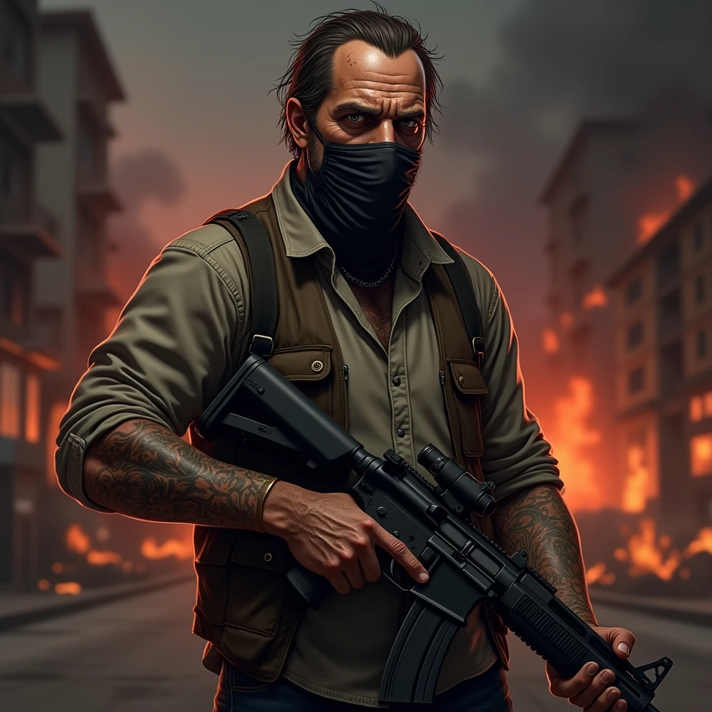 Trevor Philips do GTA 5,  GTA art style, detailing, loading screens ,  clothes slightly dirty black t-shirt , he holds a rifle, with tattoos on the arm, with a mask on his face ,  against the background of a burning city , Hair: until, moreno ,  He often seems sloppy and sloppy , face:  angular,  with noticeable wrinkles and bristles .  Trevor's facial expression often conveys anger or madness.  He has deep eyes with a predatory look .