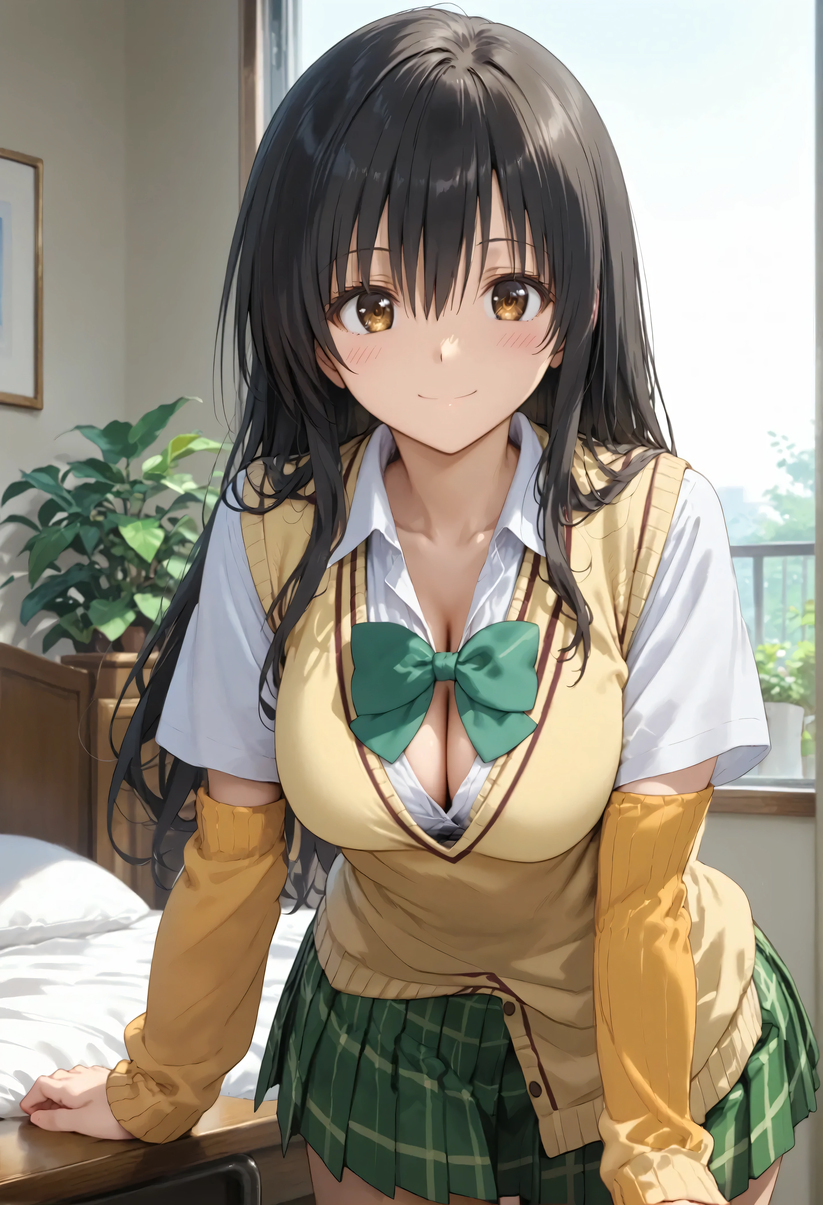 score_9,score_8_up,score_7_up,official art,solo,bedroom,cowboy shot,looking at viewer,facing viewer,smile,blush,Kotegawa Yui,long hair,black hair,sidelocks,hair between eyes,bangs,brown eyes,school uniform,sweater vest,yellow vest,white shirt,collared shirt,green bowtie,short sleeves,large breasts,miniskirt,green skirt,plaid skirt,pleated skirt,black socks,loafers,bent over,cleavage