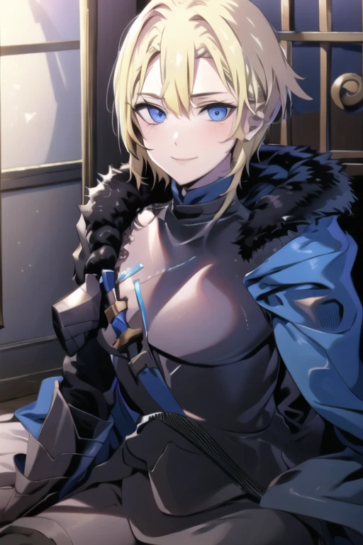 masterpiece, best quality, post timeskip, 1girl, solo, female focus, looking at viewer, modest clothes, , genderswap, dimitri_blaiddyd, blonde hair, blue eyes, kind smile,