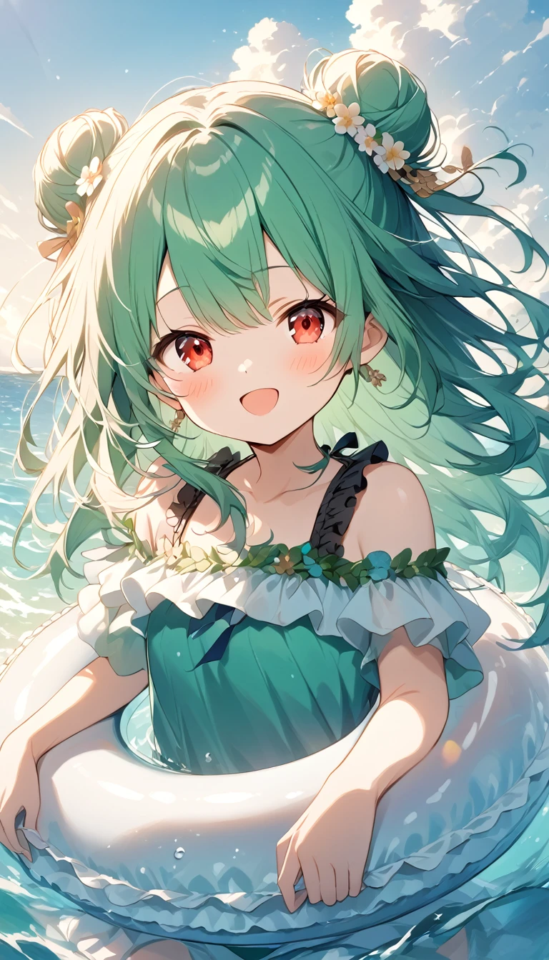 (((Young Girl)))、(( 1 girl)),( Red Eyes),（Short stature）,(( emerald green hair ))、( bun hair)、Young appearance、(( swimsuit))、In the water、One side of the sea、(((Girl ride on the innertube)))、Vector art、spirit of the wind、Backlight、Bright in backlight、Sun behind、Summer sky、cumulonimbus、Narrowed eyes and a happy look、cheek、The waves splash and the water shines beautifully.