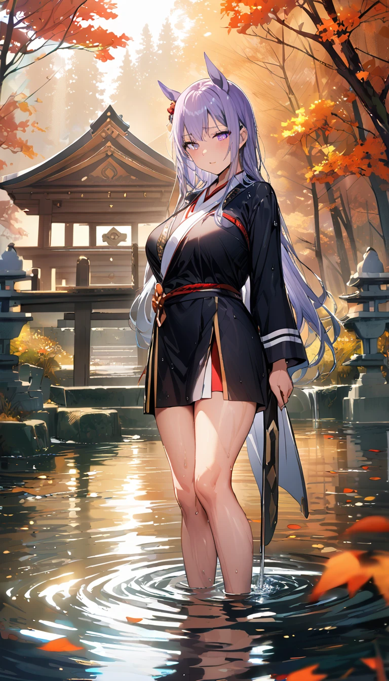 (masterpiece, Best Quality:1.2), ( 1 girl), Alone, ((long　hair)), ((白色のhair)), (真っ直ぐなhair), ((顔にかかるhair)), (目の上にhair),  crown blade, (Black kimono with beautiful purple details), ( purple eyes), ((( big breasts at the temple))),  high detail, bloom,  wrinkled skin , Natural Light, (Mature), Bare legs, forest, autumn, Japanese Shrines, ( Knight ), Black Butterfly々, lake, On the water, Wet、Gold Ship(Horse Girl)