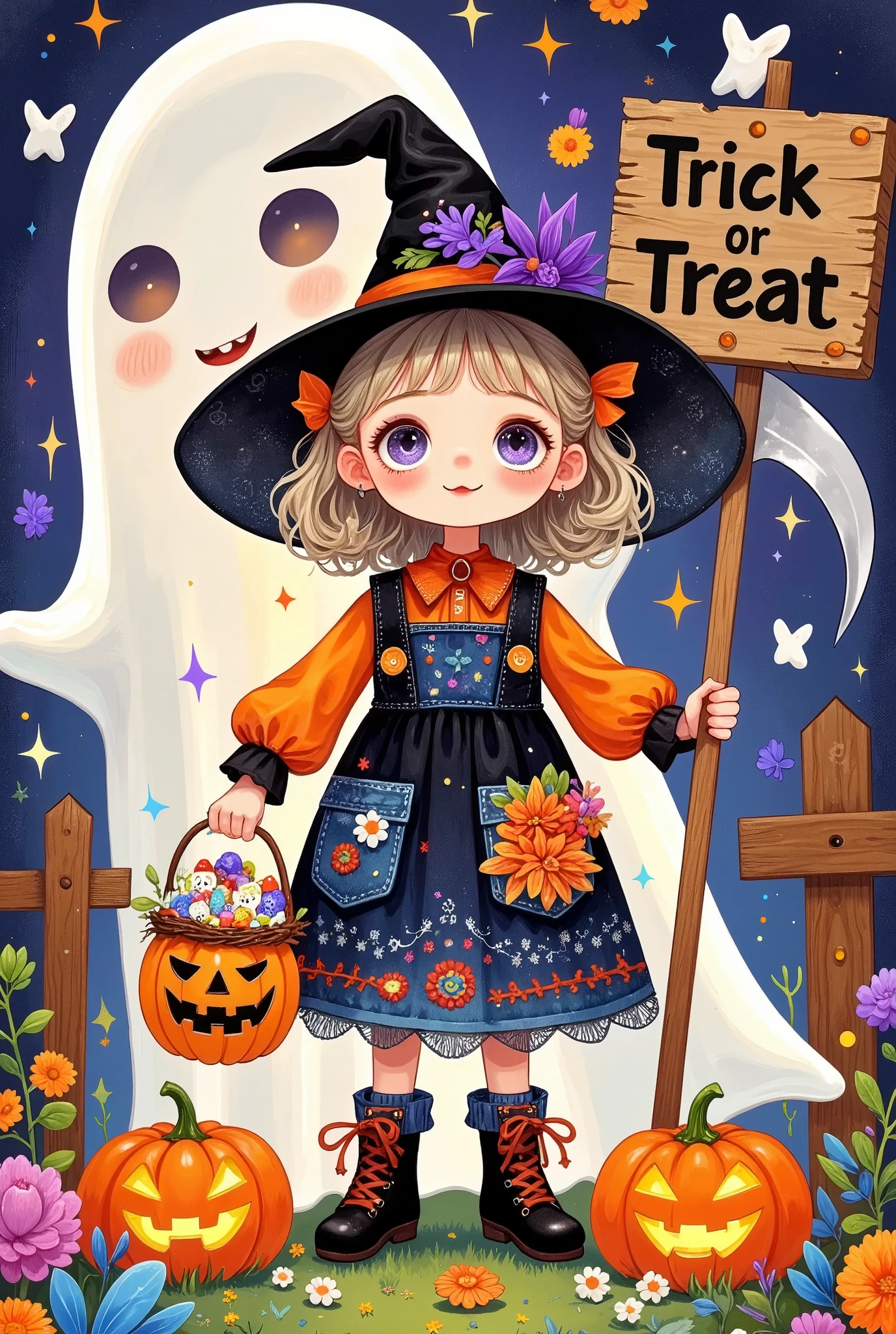 Cute scarecrow holding a scythe in his hand，lol，Pumpkin candy basket filled with teeth，wearing a witch hat, wooden sign behind her in Don Blanding style reads "Trick or treat", highly detailed, vibrant colors, glowing and luminescent effects, 。White ghost background，ghost：1.37，8K resolution