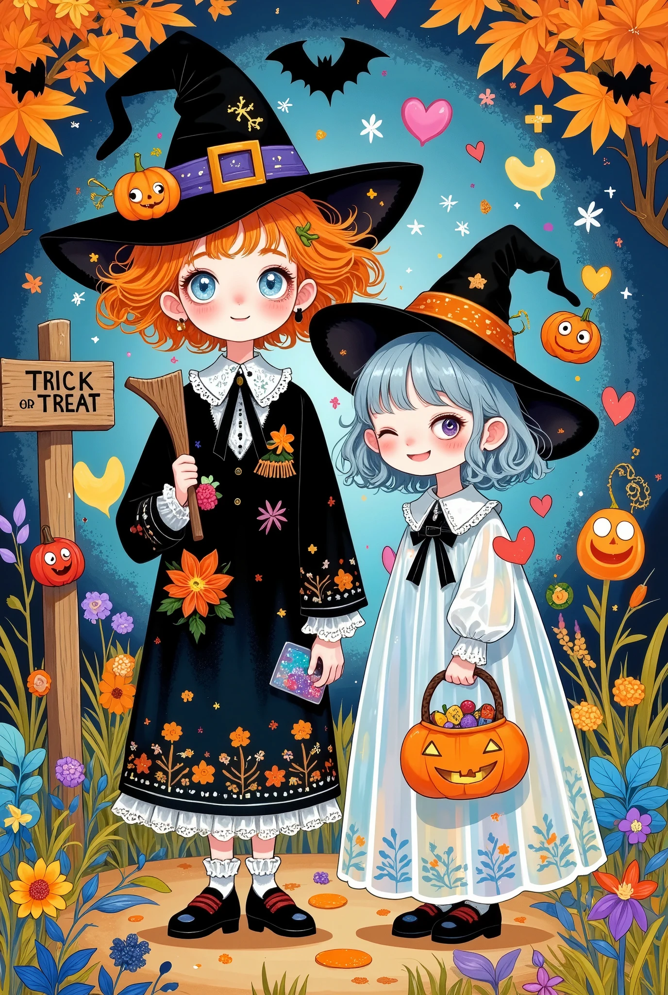 Cute scarecrow holding a scythe in his hand，lol，teeth。ghost：1.37，pumpkin candy basket full of candy，wearing a witch hat, wooden sign behind her in Don Blanding style reads "Trick or treat", highly detailed, vibrant colors, glowing and luminescent effects, 8K resolution