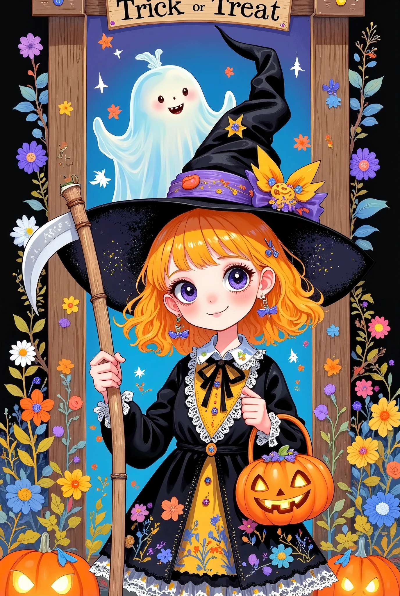 Cute scarecrow holding a scythe in his hand，lol，teeth。ghost：1.37，pumpkin candy basket full of candy，wearing a witch hat, wooden sign behind her in Don Blanding style reads "Trick or treat", highly detailed, vibrant colors, glowing and luminescent effects, 8K resolution