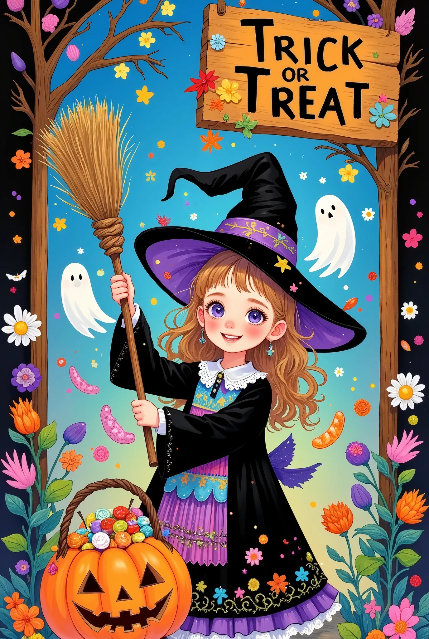 Adorable kid holding a broom in his hand，lol，teeth。ghost，pumpkin candy basket full of candy，wearing a witch hat, wooden sign behind her in Don Blanding style reads "Trick or treat", highly detailed, vibrant colors, glowing and luminescent effects, 8K resolution