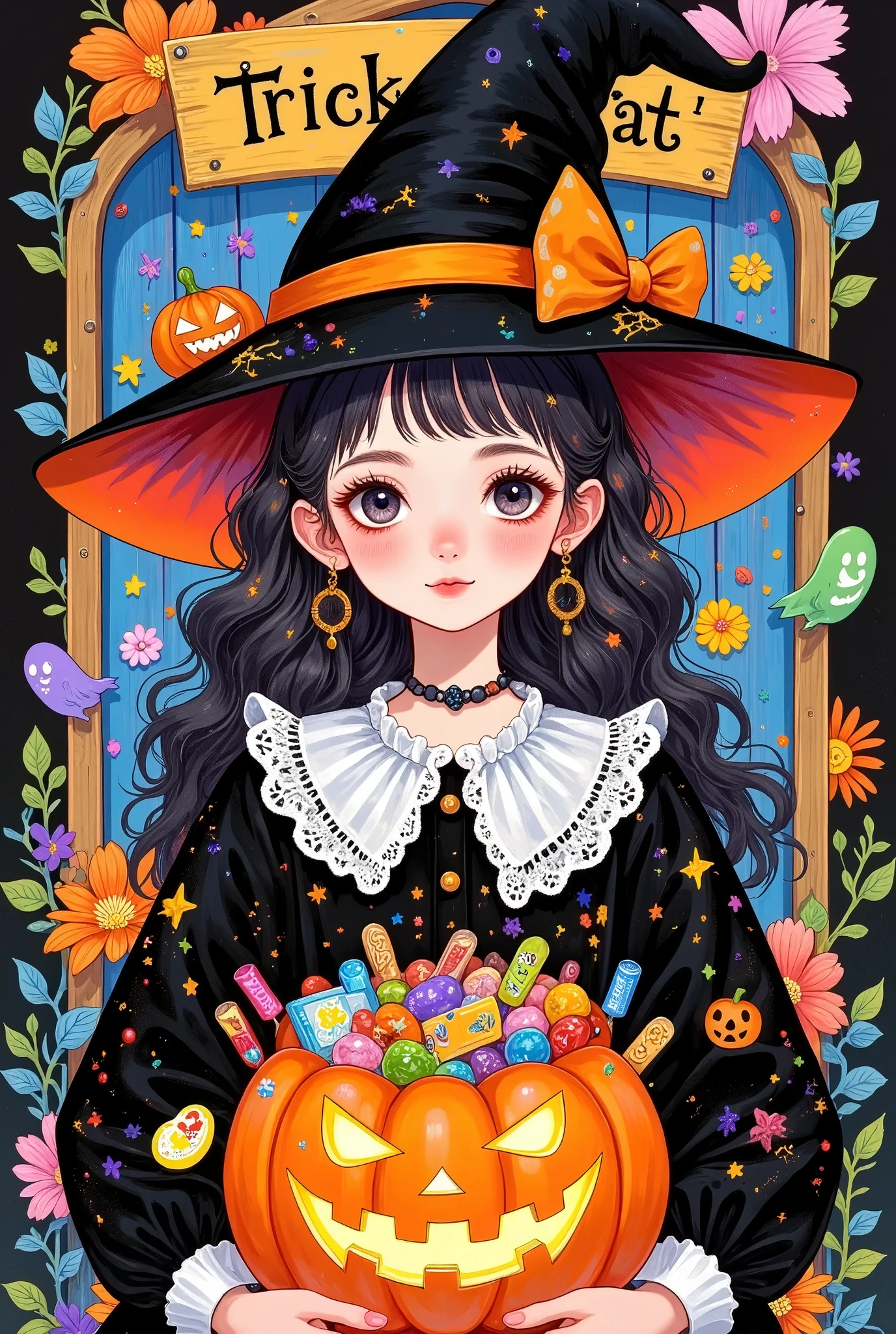 beautiful young girl ，ghost，pumpkin candy basket full of candy，wearing a witch hat, wooden sign behind her in Don Blanding style reads "Trick or treat", highly detailed, vibrant colors, glowing and luminescent effects, 8K resolution