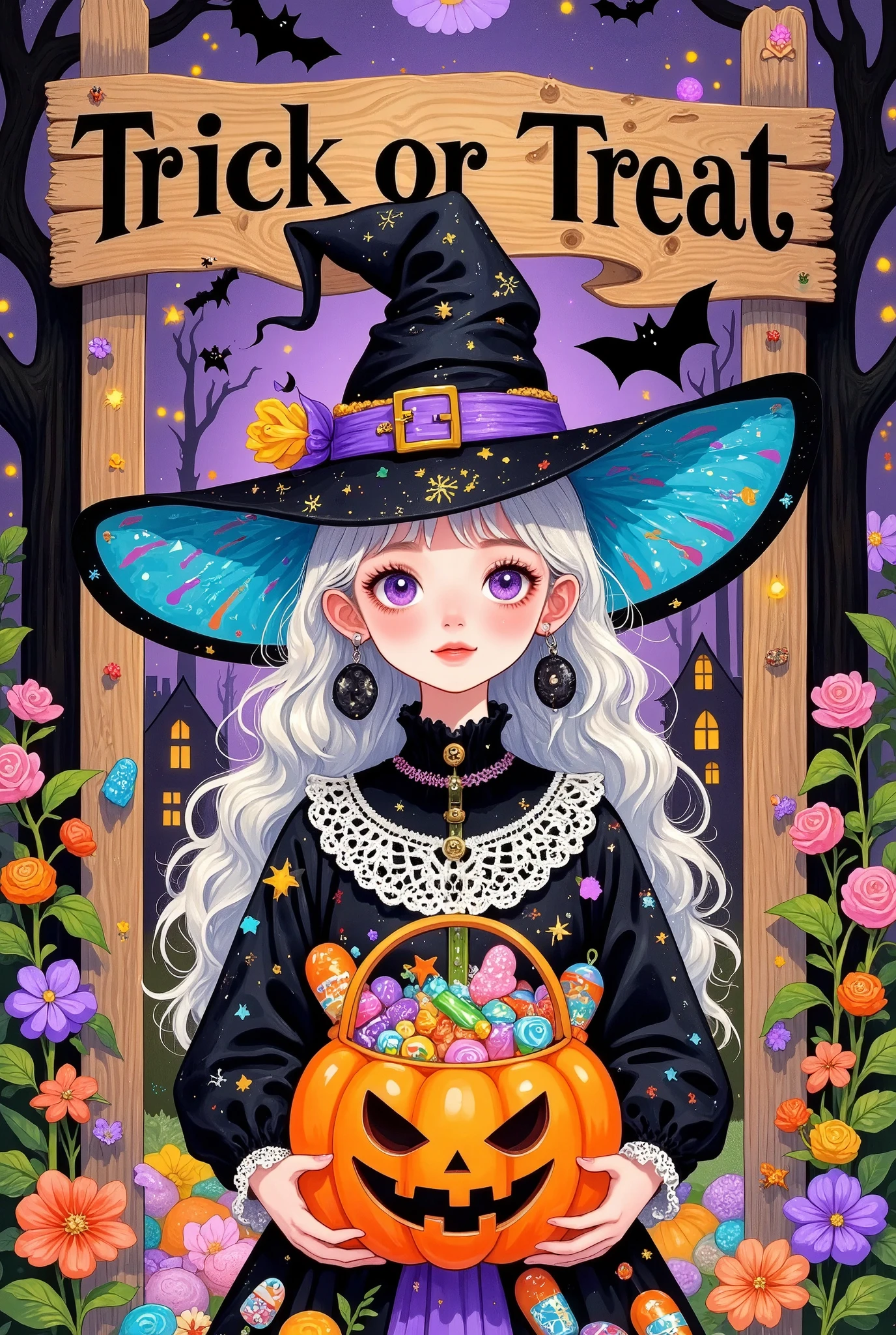 beautiful young girl ，ghost，pumpkin candy basket full of candy，wearing a witch hat, wooden sign behind her in Don Blanding style reads "Trick or treat", highly detailed, vibrant colors, glowing and luminescent effects, 8K resolution