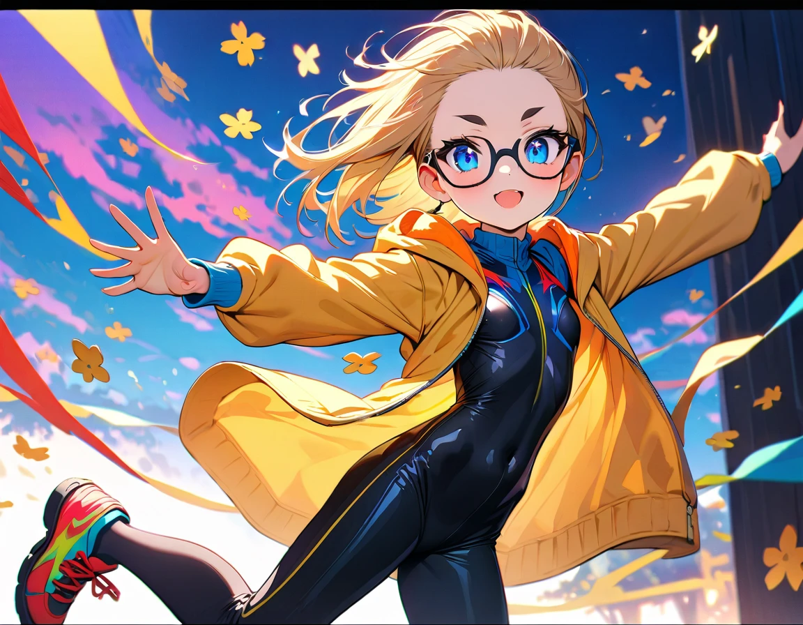 speedy Shot,(Top quality masterpiece),detailed,ultra detailed,hyper detailed,insanely detailed,Exquisite,Beautiful Full HD,16k,cute,Fantasy,A vibrant academic community,Soft line design,Soft　Surface,Simple line drawing,The best light,Fast Shutter Speed,  depth of border described,Highly saturated colors,Vibrant colors,Vibrant colors,BREAK,
(10yo),skinny,flat chested,(forehead,hair slicked back:1.3),Beautiful blonde hair,(blue eyes),(black nodoka glasses),thick bluish eyeshadow, thin eyebrows, thick black eyeliner, Highlighted eyes with eyeliner, false eyelashes,blush stickers,BREAK,
black leather jacket, yellow hood, black tight leather pants, red boots,full body, o o, claw pose