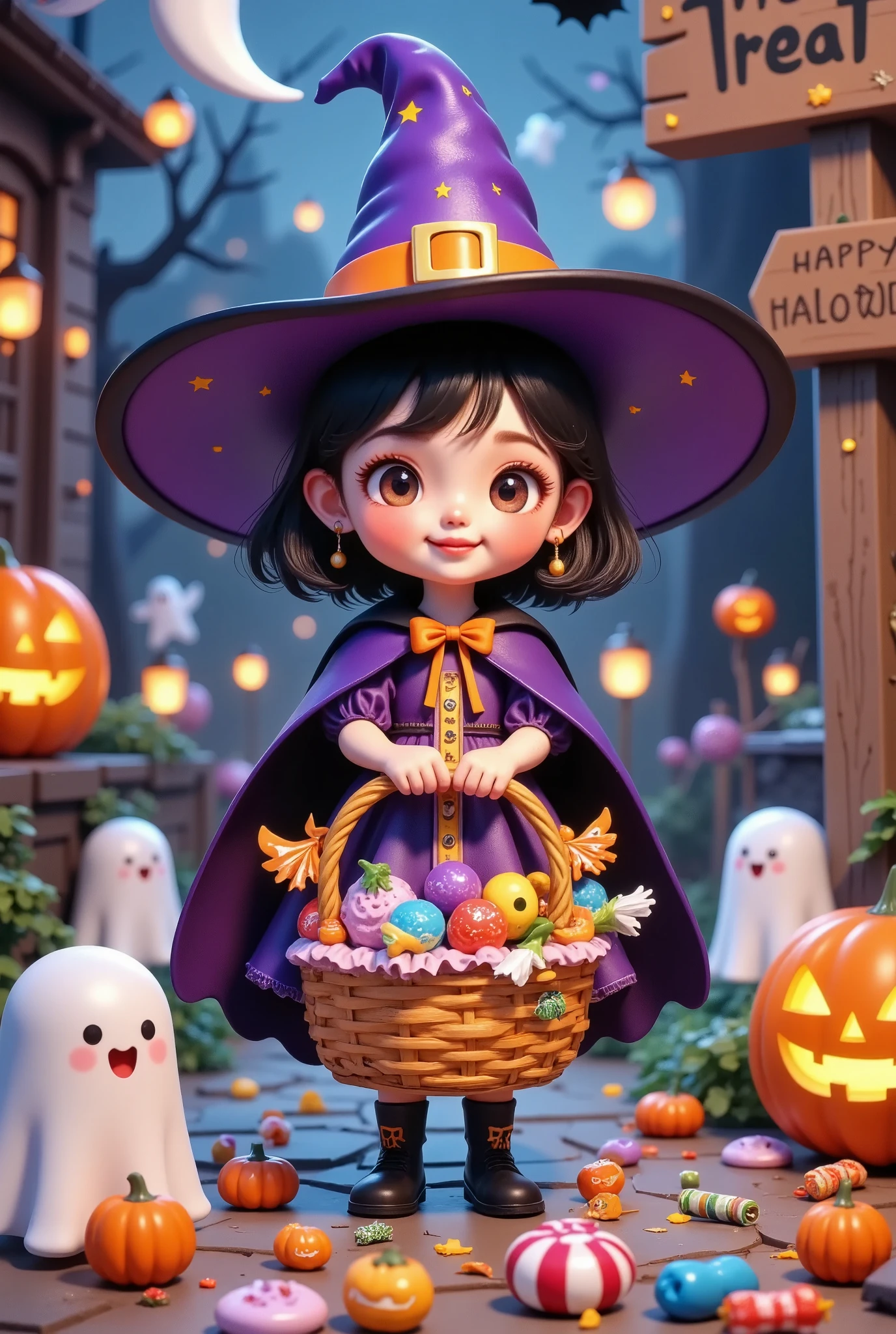 Halloween theme： cute little witch，Halloween theme，Handmade candy basket  ，Candy and ghosts on the ground，3d，Model character，There is a wooden sign behind him that reads "Trick or treat" in the style of Don Blanding