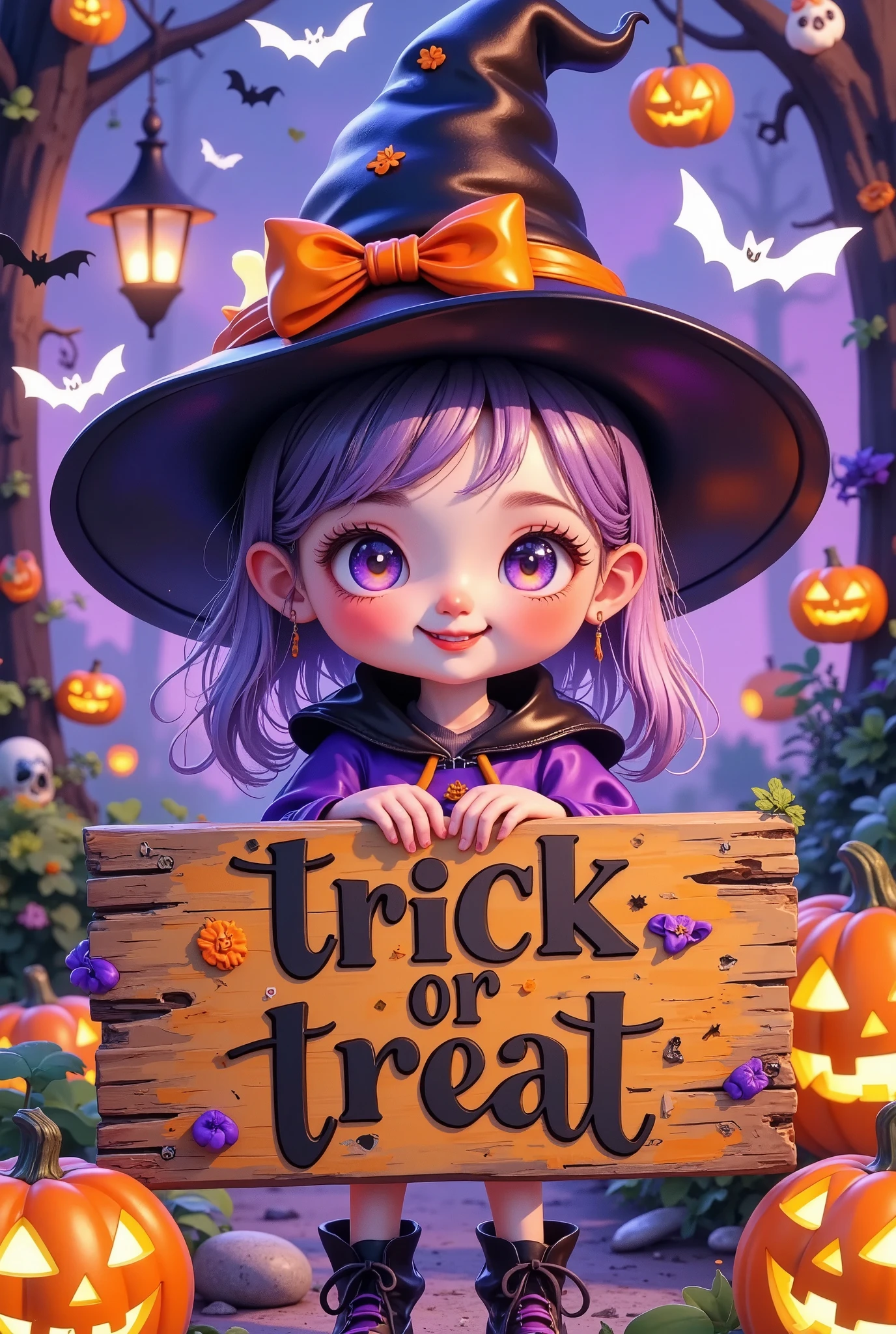  cute,  cute小鬼角色抱着南瓜,  Wearing a hat ,  and smiling against a purple light background ， eyes sparkle.  is rendered in high detail using the C4D OC renderer. There is a wooden sign behind him that reads "Trick or treat" in the style of Don Blanding