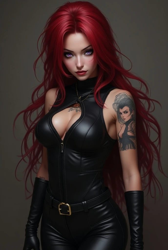 Mulher detalhada foto realista, cabelos vermelhos e corpo sensual cheio de tatuagem, olhando para frente, com roupas rasgadas em uma academia futurista ultrarrealista --auto
