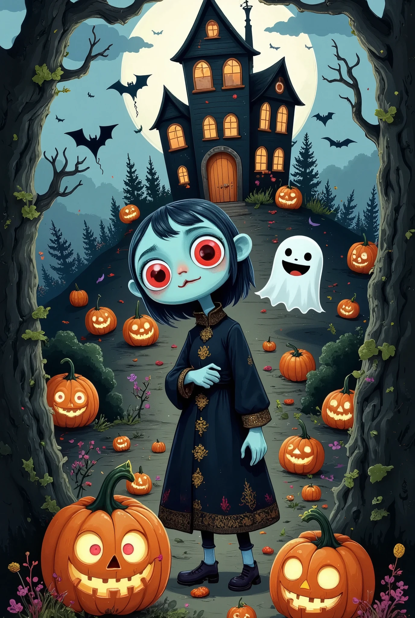 A spooky, cartoonish Halloween scene with a dark, eerie atmosphere. A haunted house stands with crooked windows and a slanted roof, glowing faintly in the night. It's surrounded by a misty, shadowy forest with twisted, dark trees. Playful, eerie ghosts float between the trees, and glowing pumpkins are scattered throughout the scene. Above, the full moon is barely visible through thick, ominous clouds, casting dim light over everything. Bats circle the haunted house, adding to the sinister yet fun vibe. The color palette includes deep blacks, dark purples, and shadowy blues, enhancing the nightmarish feel of Halloween