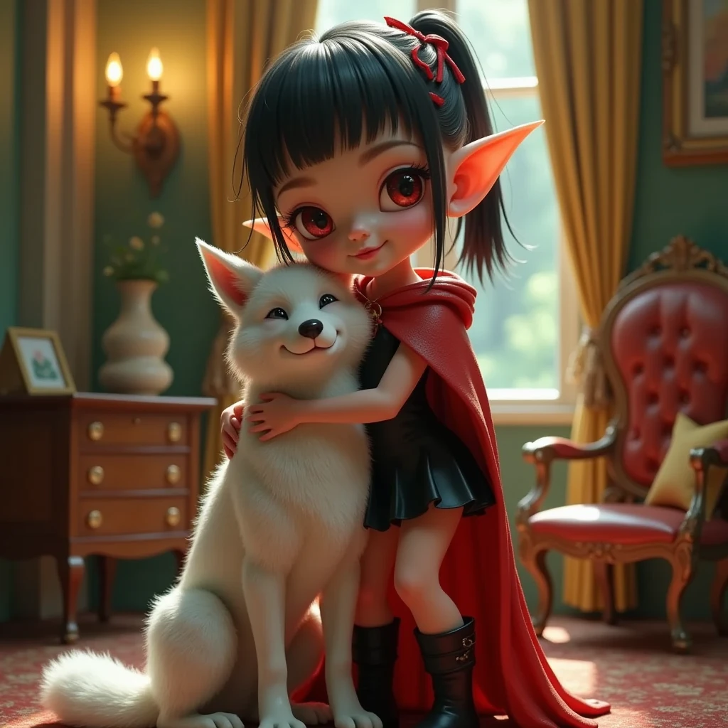 Super realistic illustration, Cinema 4D rendering, A super deformed vampire girl, full body, smirk, black hair, short ponytail with red ribbons, red eyes, snake pupils, pointy ears, black sundress with red cloak, high leather boots, She is hugging a super deformed white wolf, cozy palace background, indoor, at night