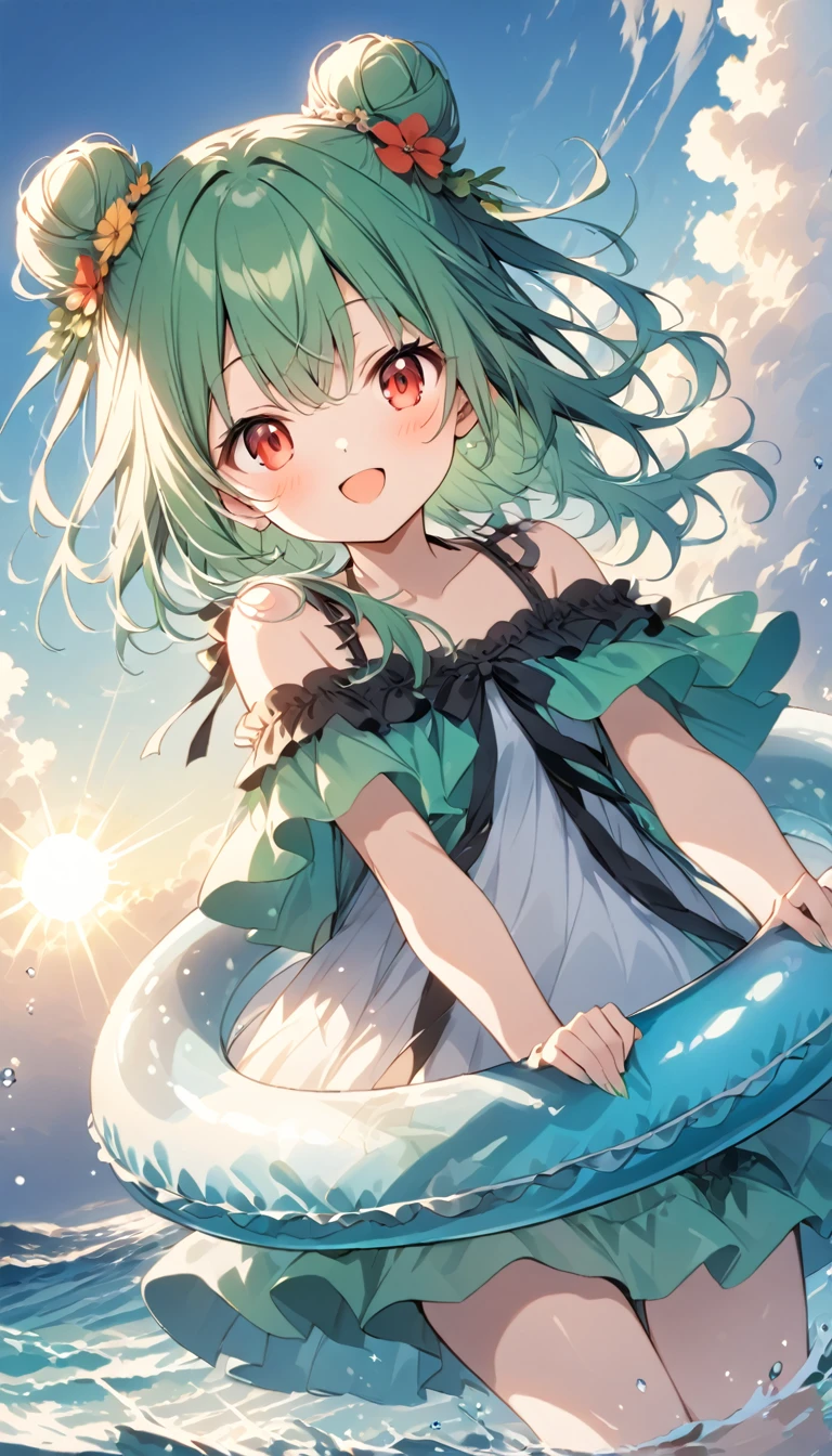 (((Young Girl)))、(( 1 girl)),( Red Eyes),（Short stature）,(( emerald green hair ))、( bun hair)、Young appearance、(( swimsuit))、In the water、One side of the sea、(((Girl ride on the innertube)))、Vector art、spirit of the wind、Backlight、Bright in backlight、Sun behind、Summer sky、cumulonimbus、Narrowed eyes and a happy look、cheek、The waves splash and the water shines beautifully.