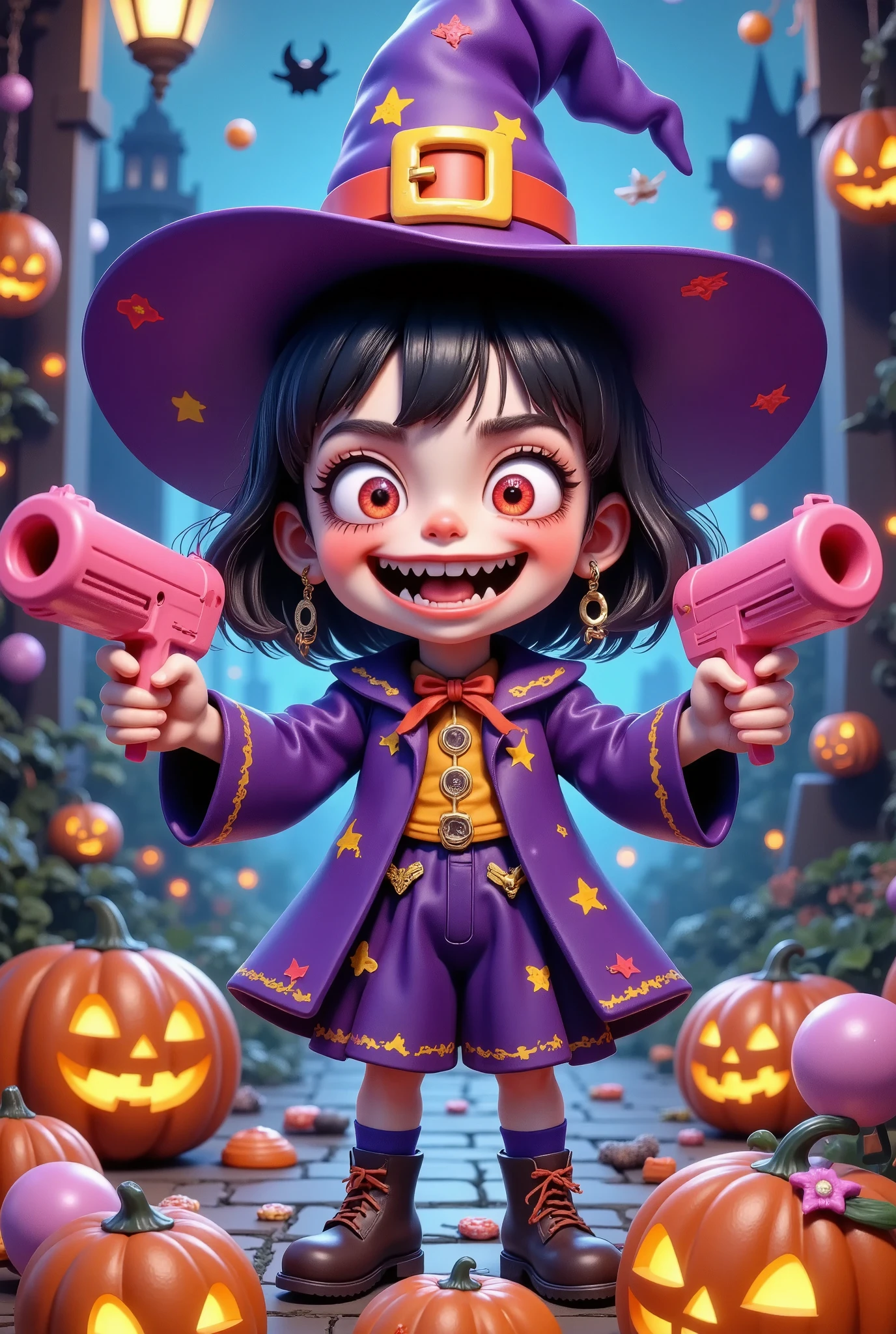  is " Halloween Midjourney " The title of the illustration in playful font .crazy clown witch ，     Holding a pink gun in both hands，Target,   Halloween theme，candy，  pumpkin lantern，    strong light and shadows  ,  Use fluorescent   ,   with fluorescent   .  Model character, 32K, 