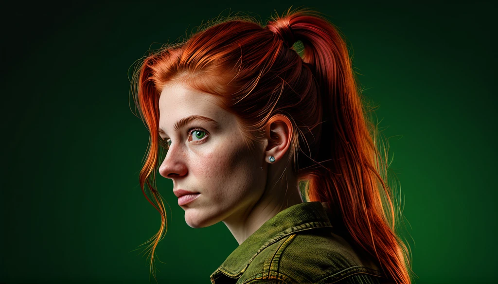 A handsome woman, 25 years old, (photorealistic), official art, (bust portrait), ultra detailed, beautiful and aesthetic, red hair, ponytail hair style, green eyes, small lips, (untucked red lumberjack shirt:1.1), jeans, A faint smile, slim girl, fair skin, masterpiece, best quality, realistic, extremely detailed, dynamic angle, the most beautiful form of chaos, elegant, a brutalist designed, vivid colors, (Multiple Views, front profile and side profile:1.1), Anatomically Correct, (Three Sided View), Eye-Level Shot, green backdrop