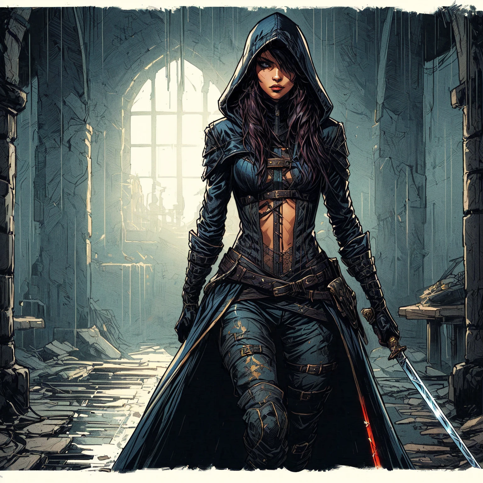 arafed image of a woman in a hooded jacket holding a sword, female assassin, beautiful female assassin, beautiful rogue lady, female rouge assassin, stunning character art, epic exquisite character art, an edgy teen assassin, dark fantasy style art, alena aenami and artgerm, portrait of female rogue, painted by andreas rocha, female rogue