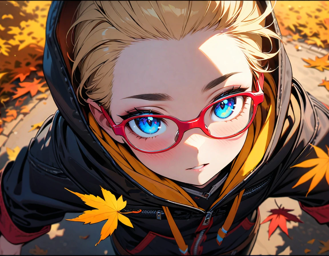 speedy Shot,(Top quality masterpiece),detailed,ultra detailed,hyper detailed,insanely detailed,Exquisite,Beautiful Full HD,16k,cute,Fantasy,A vibrant academic community,Soft line design,Soft　Surface,Simple line drawing,The best light,Fast Shutter Speed,  depth of border described,Highly saturated colors,Vibrant colors,Vibrant colors,BREAK,
(10yo),skinny,flat chested,(forehead,hair slicked back:1.3),Beautiful blonde hair,(blue eyes),(black nodoka glasses),thick bluish eyeshadow, thin eyebrows, thick black eyeliner, Highlighted eyes with eyeliner, false eyelashes,blush stickers,BREAK,
black leather jacket, yellow hood, black tight leather pants, red boots,full body, o o, claw pose