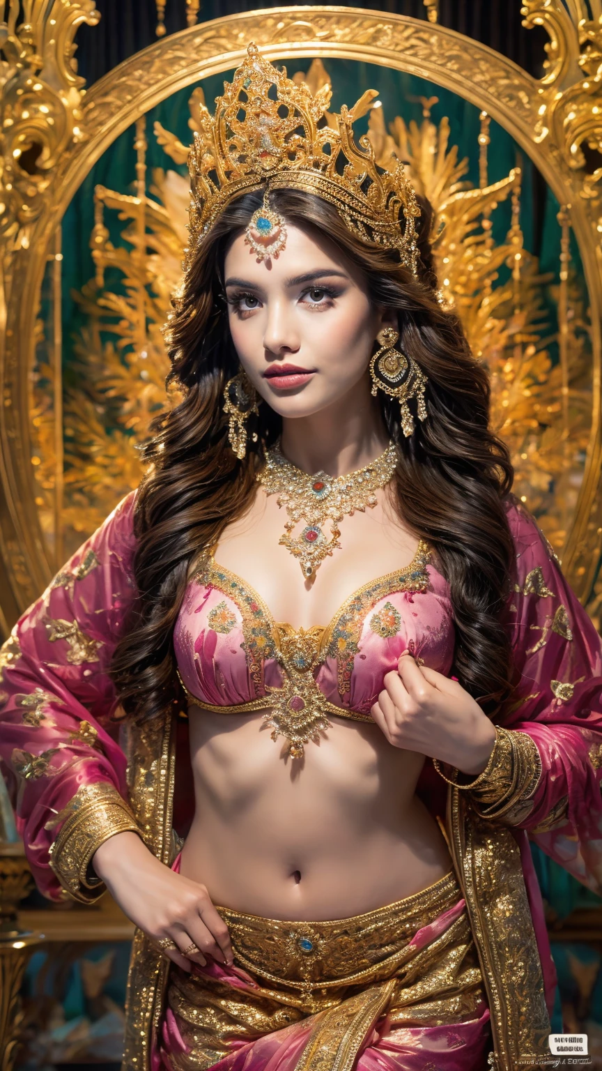 ((Best quality, 8k, Masterpiece :1.3)), Sharp focus :1.2, Generate a realistic image of a beautiful sexy Indian woman plus size body: 8.5 (masterpiece like a princess) (body like divine girl) dressed divine clothes white skirt and print bra, adorned with traditional ornaments, standing in a well-lit room with cinematic lighting. ((Front view, random elegant pose)), and there is a sense of grace and elegance in her posture. The background should complement the scene, enhancing the overall aesthetic appeal of the image. Photography by Brandon Woelfel, Full shot: Canon EF 16-35mm f/2.8L III USM lens on a Canon EOS 9D Mark IV 128bit camera, ultra realistic, 32k, HD