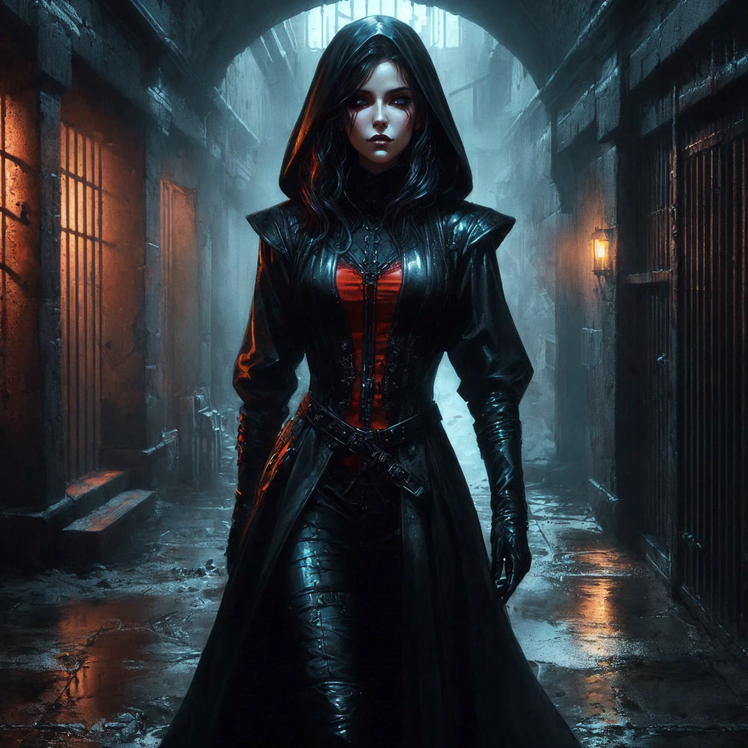 a close up of a woman in a long black coat made of shiny leather in a jail cell, female assassin, dark fantasy style art, gothic fantasy art, stylized urban fantasy artwork, beautiful female assassin, dark fantasy art, alena aenami and artgerm, cyberpunk dark fantasy art, dark fantasy character design, yennefer of vengerberg, seductive cyberpunk dark fantasy