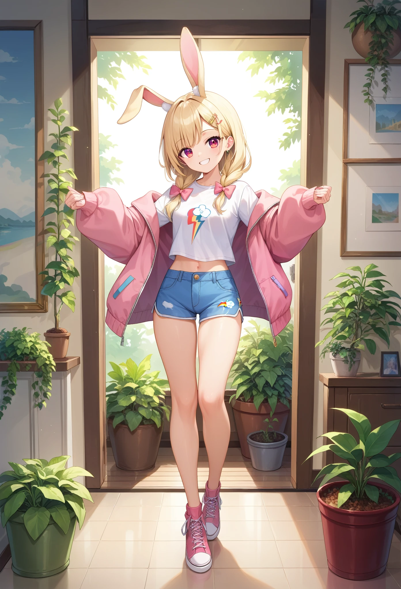 anime, 1 girl, (Rabbit ears 1.2),  Beautiful bow ,  Lush voluminous hairstyle,  Full Height,  Perfect Anatomy , rainbow color, wearing shorts , jacket ,  hair clip , smile, Joy, Room with dim light background, dark,  high quality, masterpiece, 8 k, Shine,