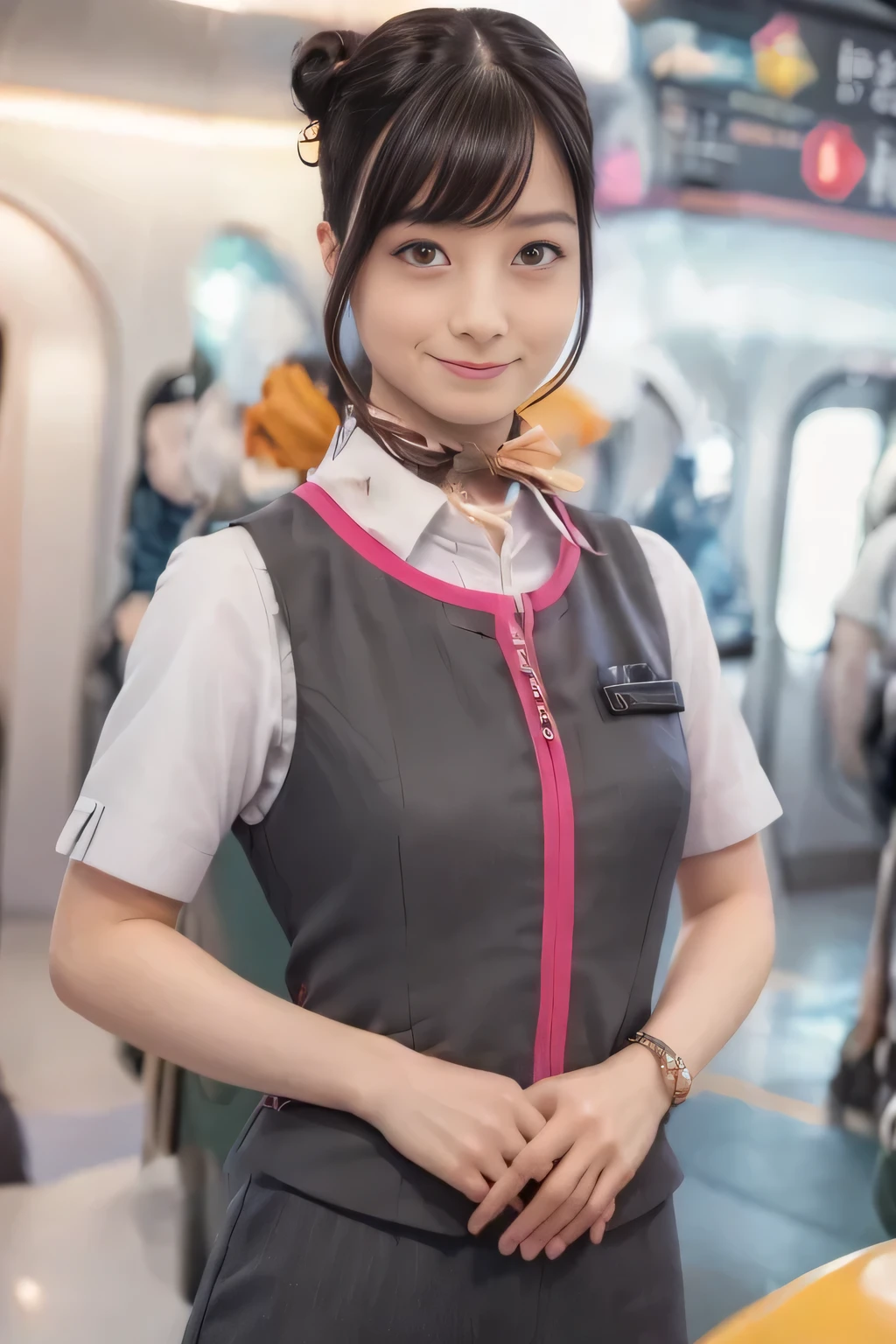 (masterpiece:1.2, Best Quality:1.2), 32kHDR,  high definition, (Alone、 one girl playing pranks)、（Take the Shinkansen、 Professional Writing）、Car interior background、（Realistic style of the JR Gran Class crew uniform ）、Short sleeve blouse、Put a scarf around your neck、（ JR Gran Class flight attendant uniform with pink parts on the sleeve of the skirt ）、（ The JR Gran Class flight attendant uniform has a pink line on the front zipper on the vest..）、 dark brown hair、（Hair tied up、Hair Bun、Hair Bun）、 dark brown hair、Long Hit、Big Breasts、（（Great hands：2.0）），（（ Harmonious Body Proportions ：1.5）），（（Normal limbs：2.0）），（（Usually refers to：2.0）），（（ Delicate Eyes ：2.0）），（（Normal eyes：2.0））)、Luxury Necklace、smile、Beautiful position,