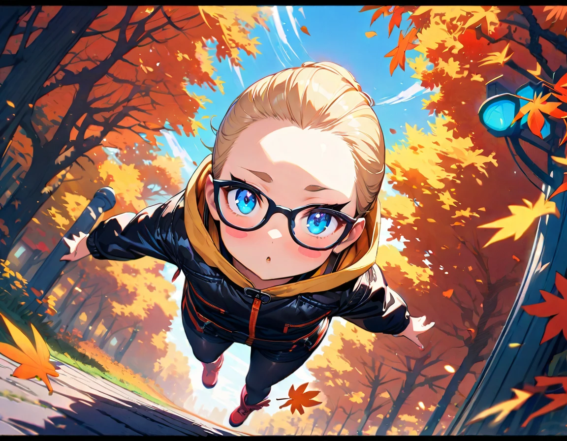 speedy Shot,(Top quality masterpiece),detailed,ultra detailed,hyper detailed,insanely detailed,Exquisite,Beautiful Full HD,16k,cute,Fantasy,A vibrant academic community,Soft line design,Soft　Surface,Simple line drawing,The best light,Fast Shutter Speed,  depth of border described,Highly saturated colors,Vibrant colors,Vibrant colors,BREAK,
(10yo),skinny,flat chested,(forehead,hair slicked back:1.3),Beautiful blonde hair,(blue eyes),(black nodoka glasses),thick bluish eyeshadow, thin eyebrows, thick black eyeliner, Highlighted eyes with eyeliner, false eyelashes,blush stickers,BREAK,
black leather jacket, yellow hood, black tight leather pants, red boots,full body, o o, claw pose