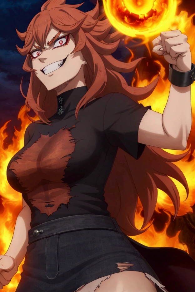 Best Mereoleona quality, fang vivid color,  a girl, underneath,  from the side,  upper body,  looking up , evil smile, crazy eyes, Sanpaku, fire, grimoire, meroutfit3, black high neck t-shirt,  Torn clothes,  rolled up cuffs , raised fist, closed hand