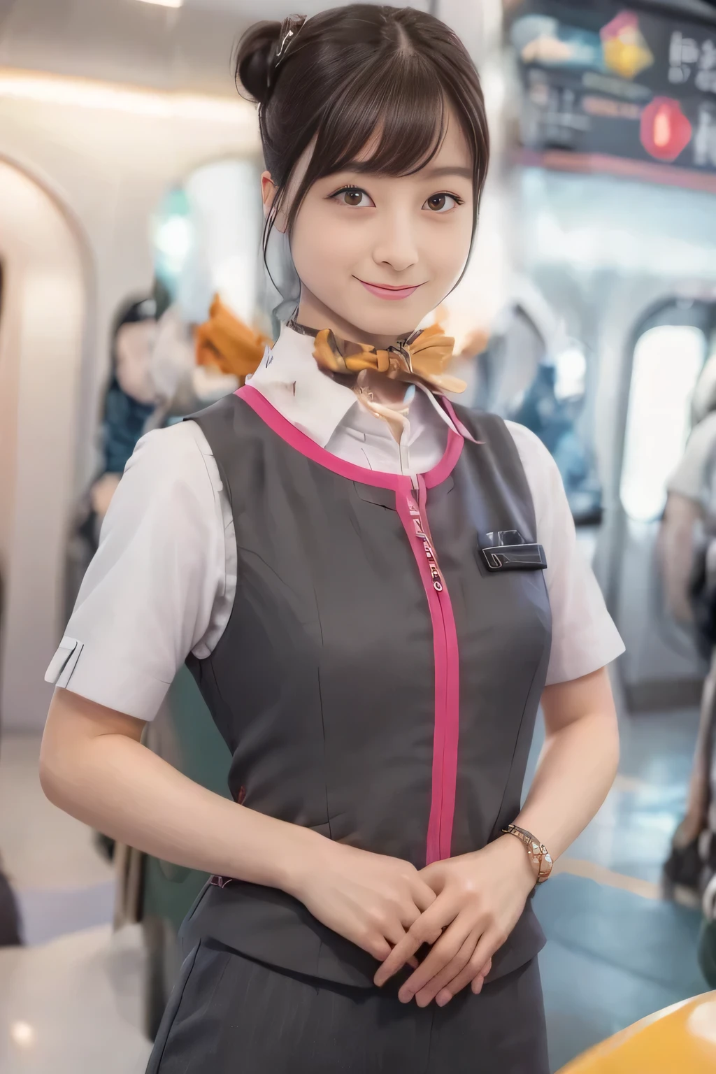 (masterpiece:1.2, Best Quality:1.2), 32kHDR,  high definition, (Alone、 one girl playing pranks)、（Take the Shinkansen、 Professional Writing）、Car interior background、（Realistic style of the JR Gran Class crew uniform ）、Short sleeve blouse、Put a scarf around your neck、（ JR Gran Class flight attendant uniform with pink parts on the sleeve of the skirt ）、（ The JR Gran Class flight attendant uniform has a pink line on the front zipper on the vest..）、 dark brown hair、（Hair tied up、Hair Bun、Hair Bun）、 dark brown hair、Long Hit、Big Breasts、（（Great hands：2.0）），（（ Harmonious Body Proportions ：1.5）），（（Normal limbs：2.0）），（（Usually refers to：2.0）），（（ Delicate Eyes ：2.0）），（（Normal eyes：2.0））)、Luxury Necklace、smile、Beautiful position,