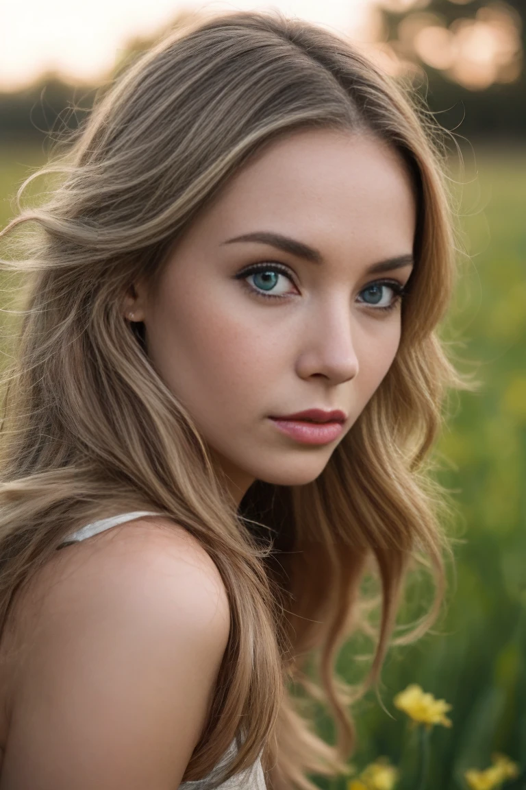 Beautiful blond woman with blue eyes lying in a field smelling of flowers 