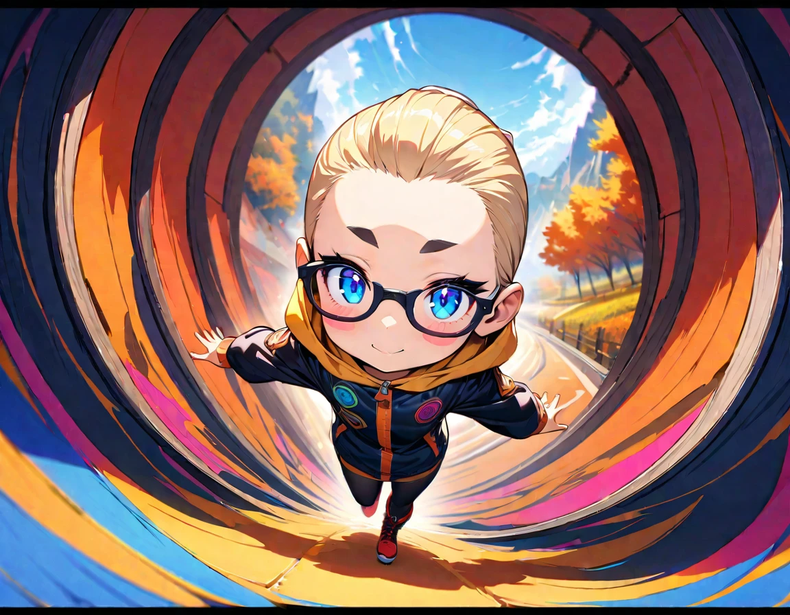 speedy Shot,(Top quality masterpiece),detailed,ultra detailed,hyper detailed,insanely detailed,Exquisite,Beautiful Full HD,16k,cute,Fantasy,A vibrant academic community,Soft line design,Soft　Surface,Simple line drawing,The best light,Fast Shutter Speed,  depth of border described,Highly saturated colors,Vibrant colors,Vibrant colors,BREAK,
(10yo),skinny,flat chested,(forehead,hair slicked back:1.3),Beautiful blonde hair,(blue eyes),(black nodoka glasses),thick bluish eyeshadow, thin eyebrows, thick black eyeliner, Highlighted eyes with eyeliner, false eyelashes,blush stickers,BREAK,
black leather jacket, yellow hood, black tight leather pants, red boots,full body, o o, claw pose