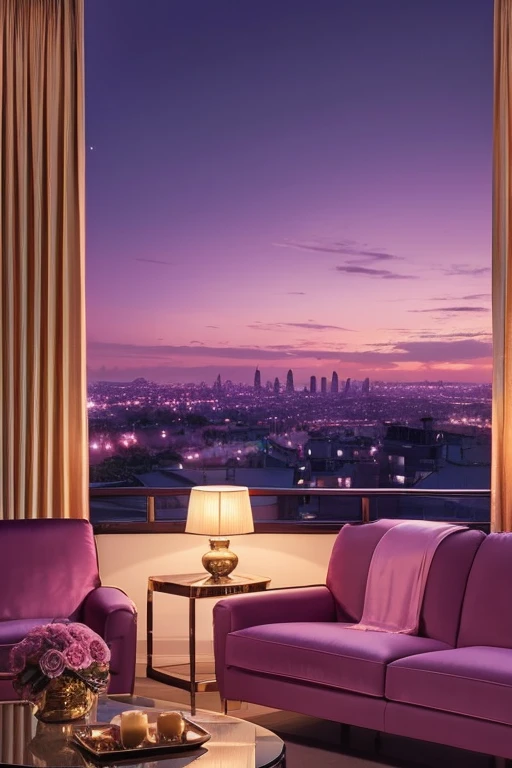 dreamy, luxurious living room with satin metallic furniture at twilight with a view overlooking of a city. gradient of purples and pinks sky, enhancing the magical, serene atmosphere. 1950 retro film still, retrowave