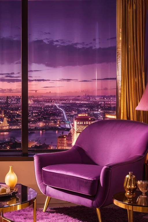 dreamy, luxurious living room with satin metallic furniture at twilight with a view overlooking of a city. gradient of purples and pinks sky, enhancing the magical, serene atmosphere. 1950 retro film still, retrowave