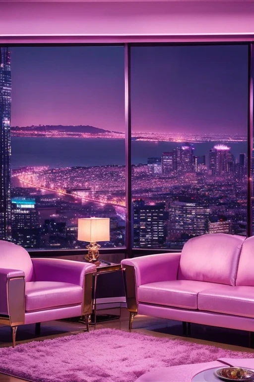 dreamy, luxurious living room with satin metallic furniture at twilight with a view overlooking of a city. gradient of purples and pinks sky, enhancing the magical, serene atmosphere. 1940 retro film still, retrowave