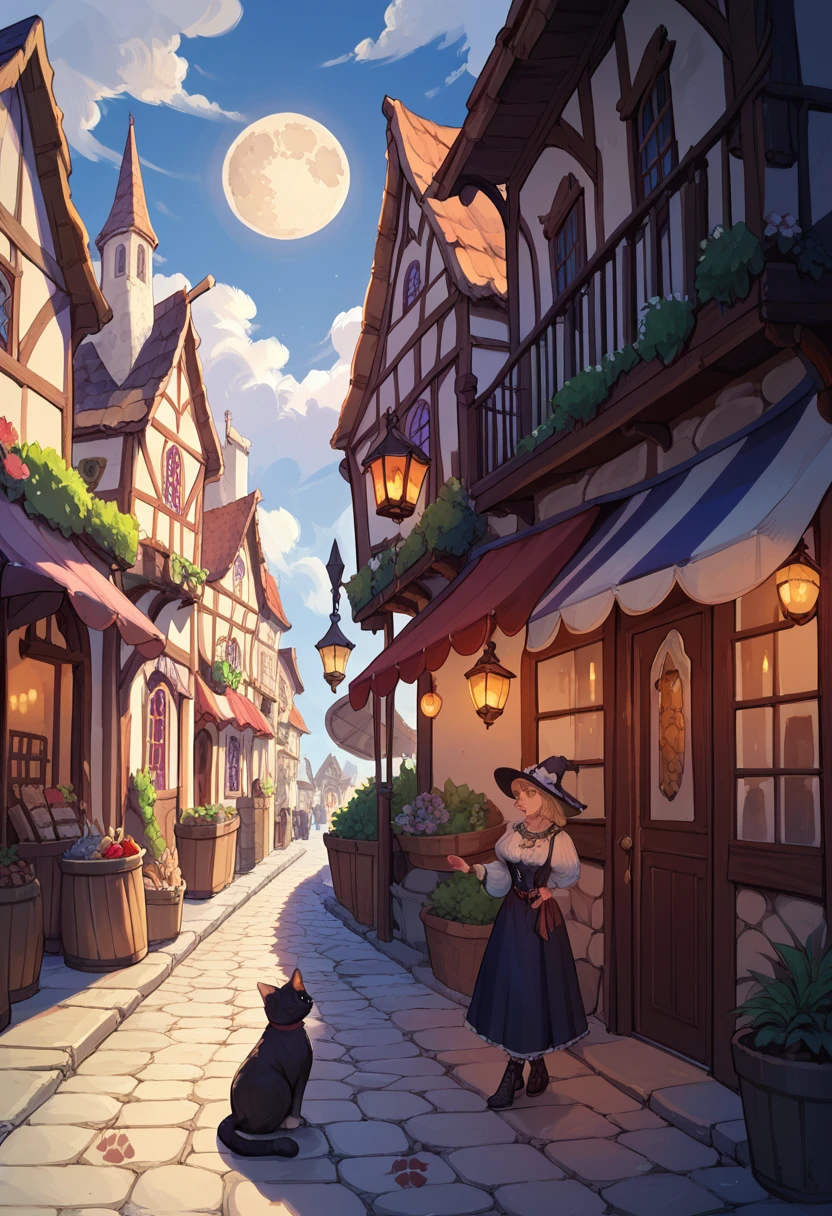 Medieval streets, alleys, midnight:1.3, moon:1.3, moonlight:1.3, Cat footprints, Shine, Continue deeper, A Magical Shop, UHD, masterpiece, best quality, high details:1.4, Incredible resolution